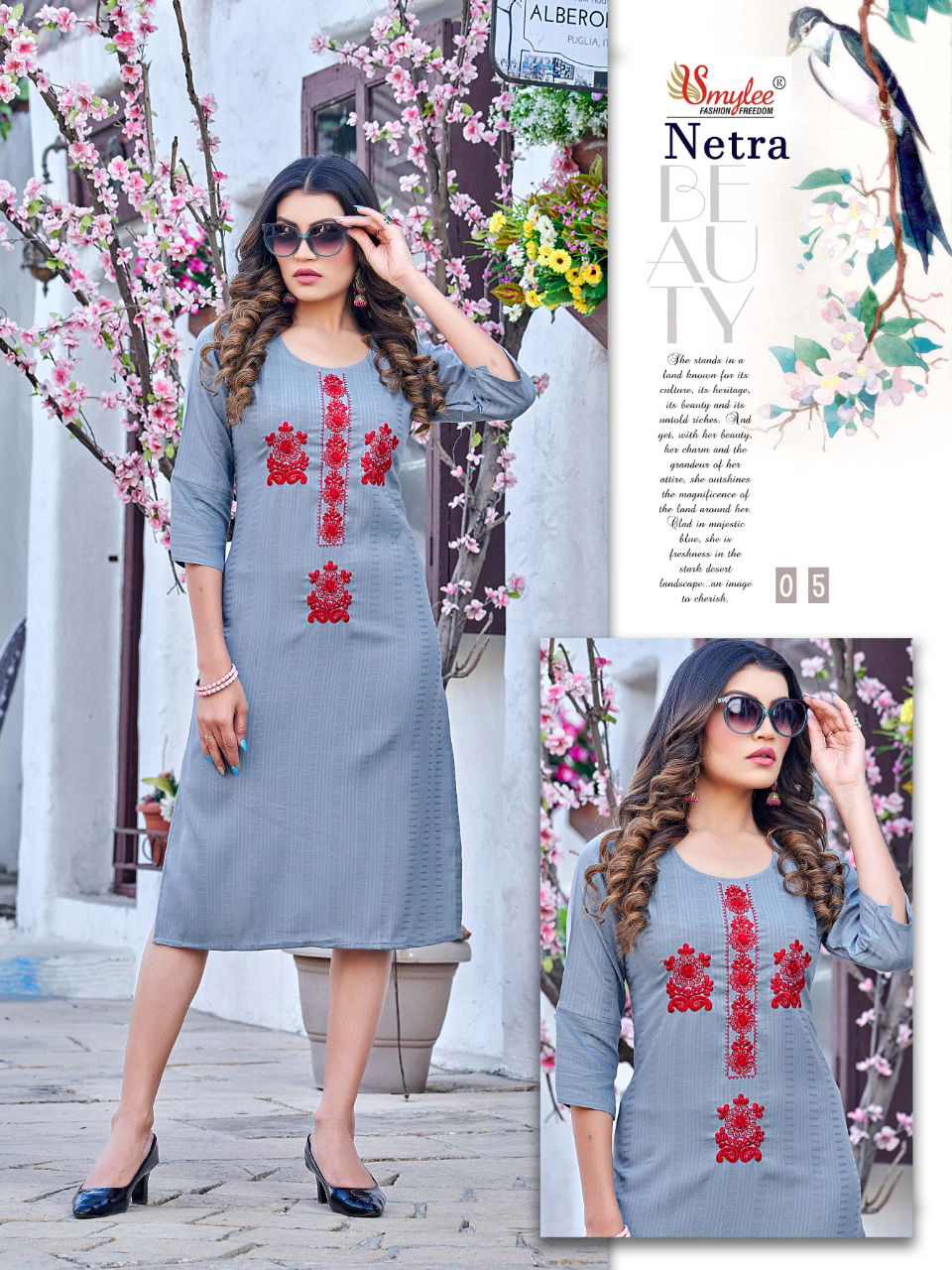 Rung Netra 01-08 Wholesale Embroidery Kurtis Catalog